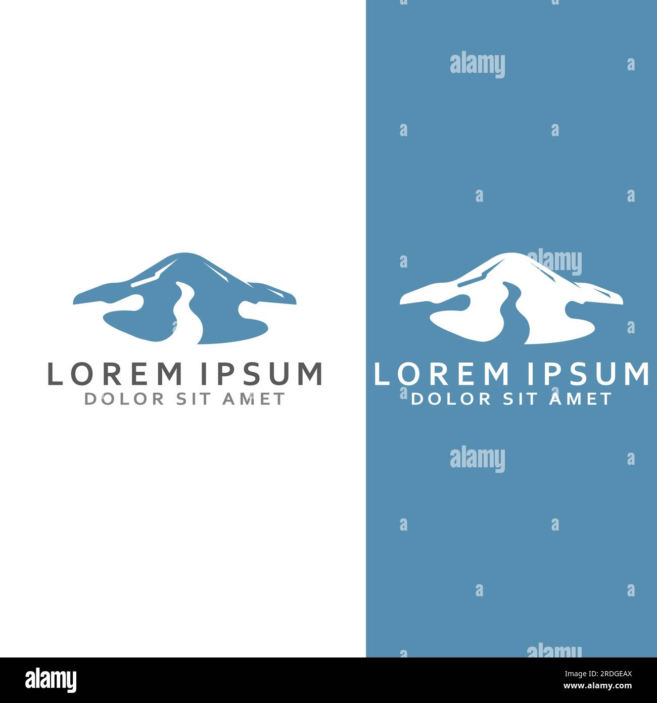 Loghi di fiumi, insenature, sponde e ruscelli. Logo River con combinazione di montagne e terreni agricoli con design a concetto vettoriale. Illustrazione Vettoriale