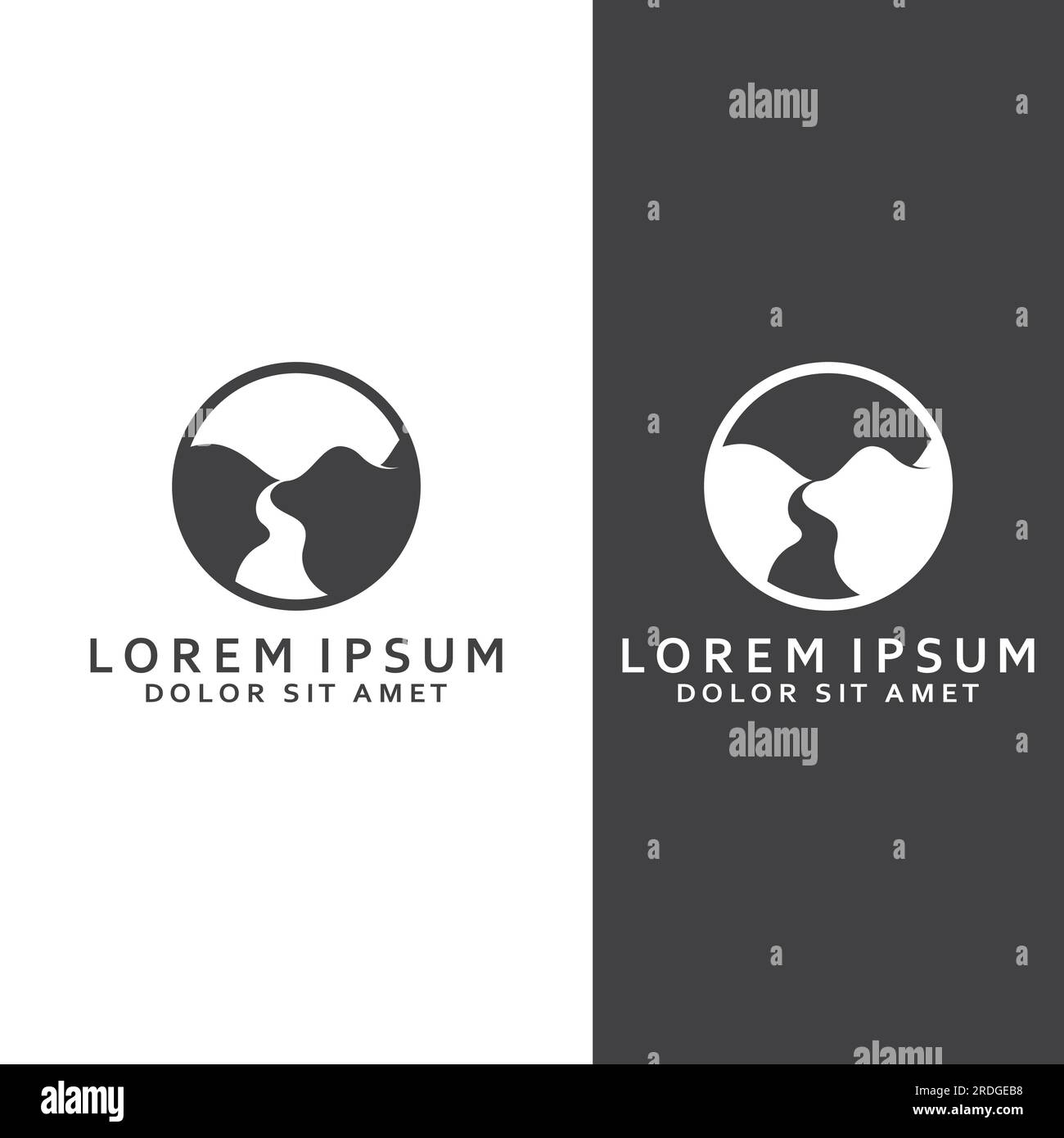 Loghi di fiumi, insenature, sponde e ruscelli. Logo River con combinazione di montagne e terreni agricoli con design a concetto vettoriale. Illustrazione Vettoriale