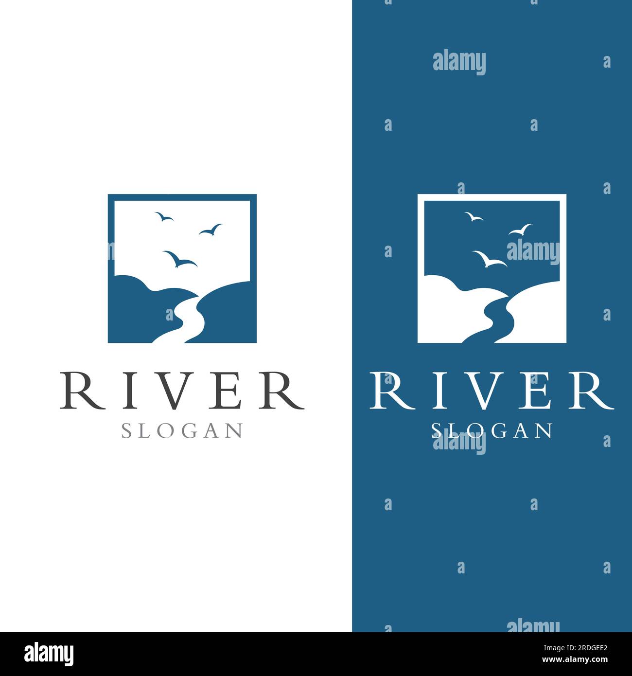 Loghi di fiumi, insenature, sponde e ruscelli. Logo River con combinazione di montagne e terreni agricoli con design a concetto vettoriale. Illustrazione Vettoriale