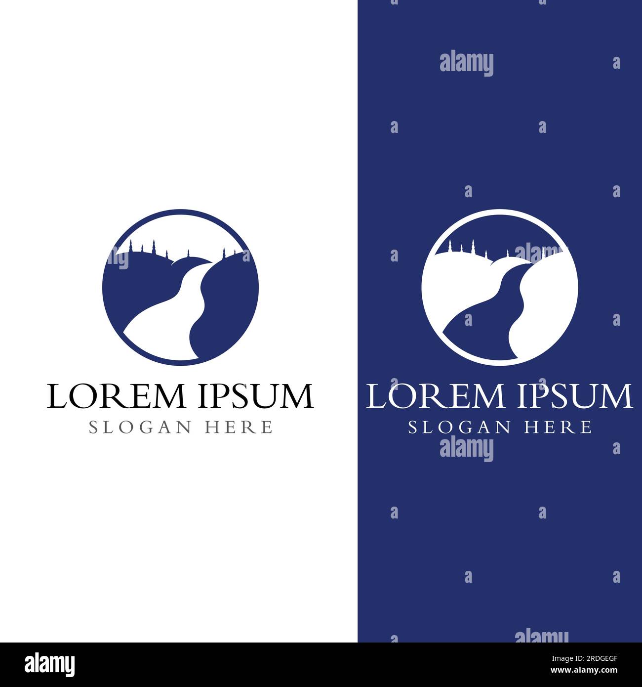 Loghi di fiumi, insenature, sponde e ruscelli. Logo River con combinazione di montagne e terreni agricoli con design a concetto vettoriale. Illustrazione Vettoriale