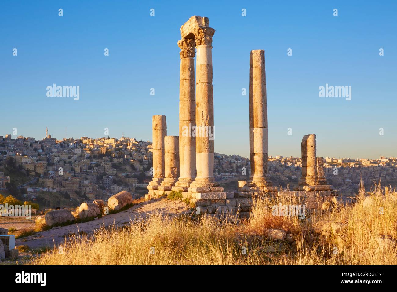 Colonne del Tempio di Ercole di fronte agli edifici della città di Amman, Cittadella, collina di Jabal al-Qala'a, Amman, Giordania Foto Stock