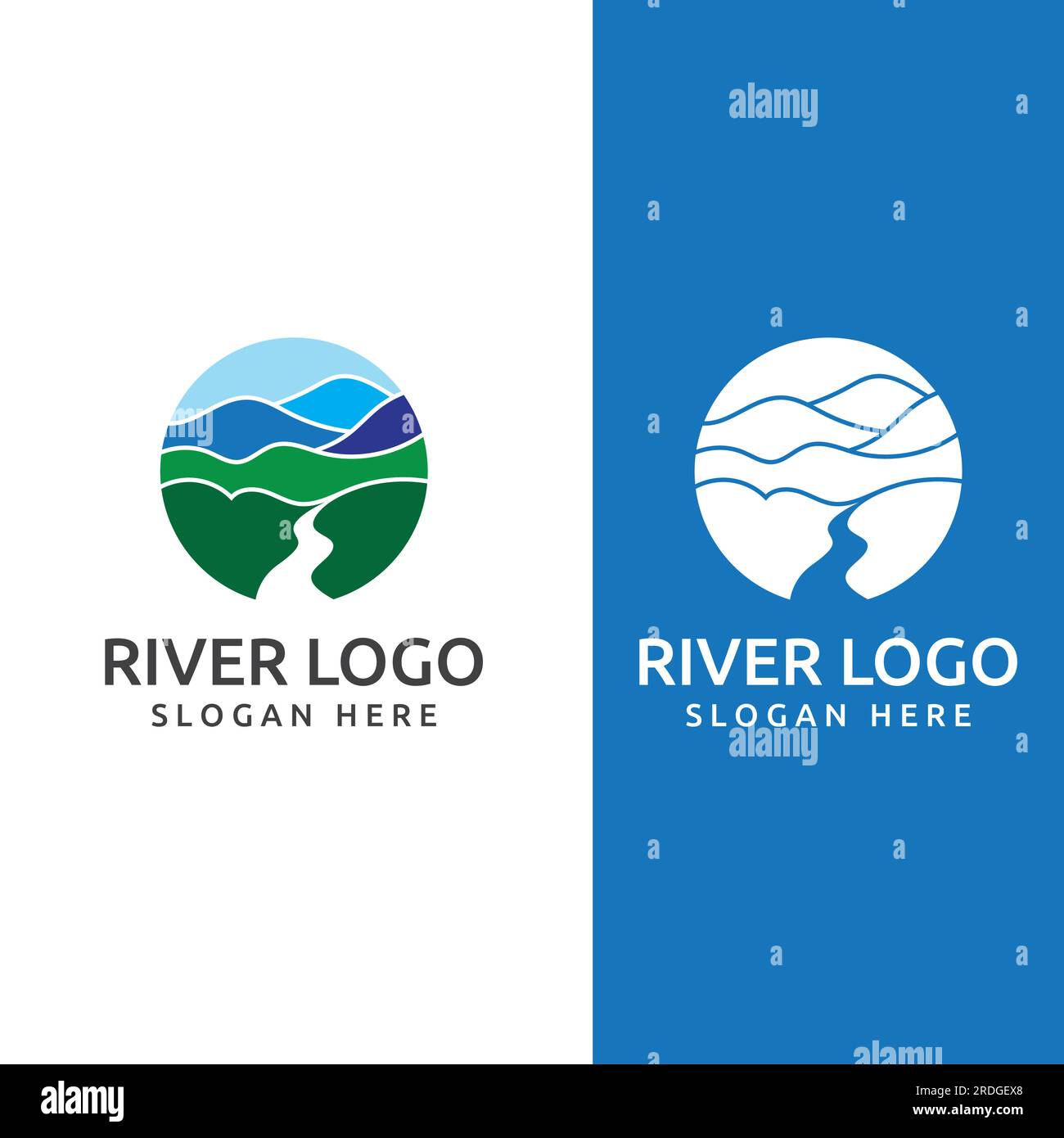 Loghi di fiumi, insenature, sponde e ruscelli. Logo River con combinazione di montagne e terreni agricoli con design a concetto vettoriale. Illustrazione Vettoriale