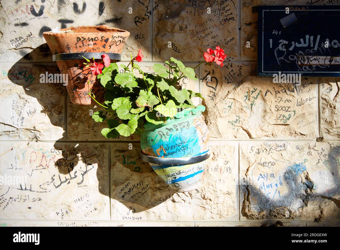 Vaso di fiori e grafitti in strada, Amman, Giordania Foto Stock