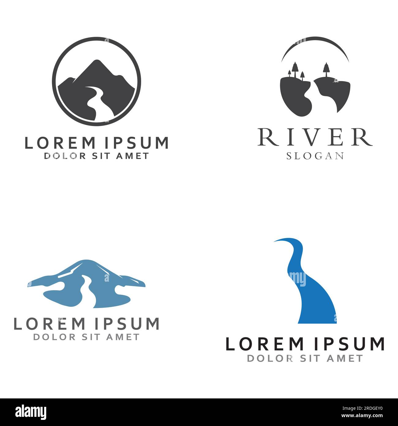 Loghi di fiumi, insenature, sponde e ruscelli. Logo River con combinazione di montagne e terreni agricoli con design a concetto vettoriale. Illustrazione Vettoriale