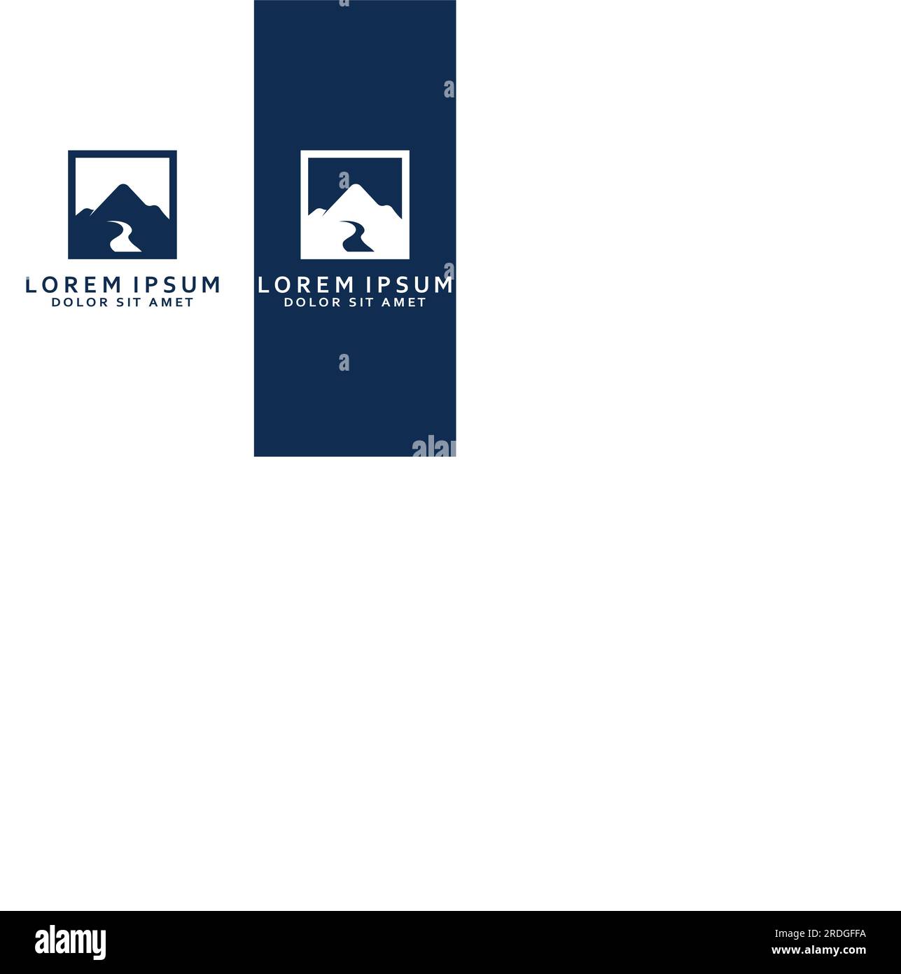 Loghi di fiumi, insenature, sponde e ruscelli. Logo River con combinazione di montagne e terreni agricoli con design a concetto vettoriale. Illustrazione Vettoriale