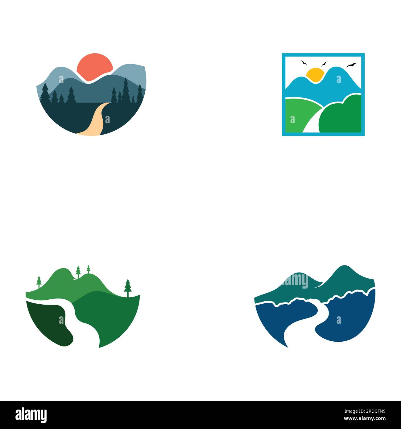 Loghi di fiumi, insenature, sponde e ruscelli. Logo River con combinazione di montagne e terreni agricoli con design a concetto vettoriale. Illustrazione Vettoriale