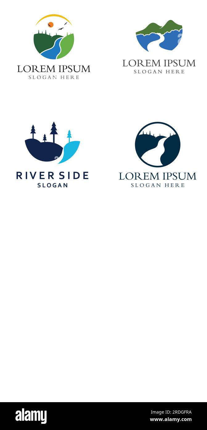 Loghi di fiumi, insenature, sponde e ruscelli. Logo River con combinazione di montagne e terreni agricoli con design a concetto vettoriale. Illustrazione Vettoriale