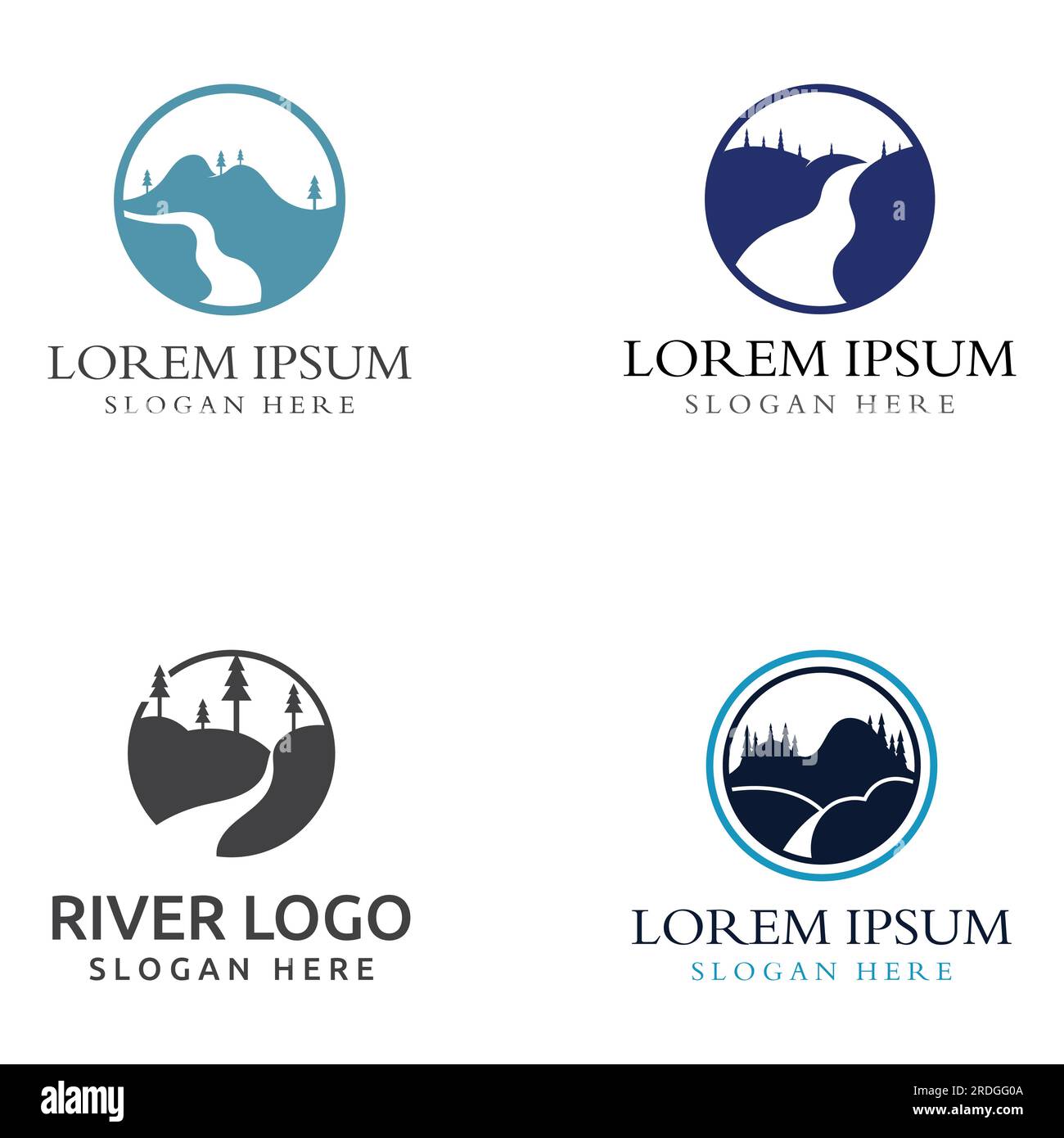 Loghi di fiumi, insenature, sponde e ruscelli. Logo River con combinazione di montagne e terreni agricoli con design a concetto vettoriale. Illustrazione Vettoriale
