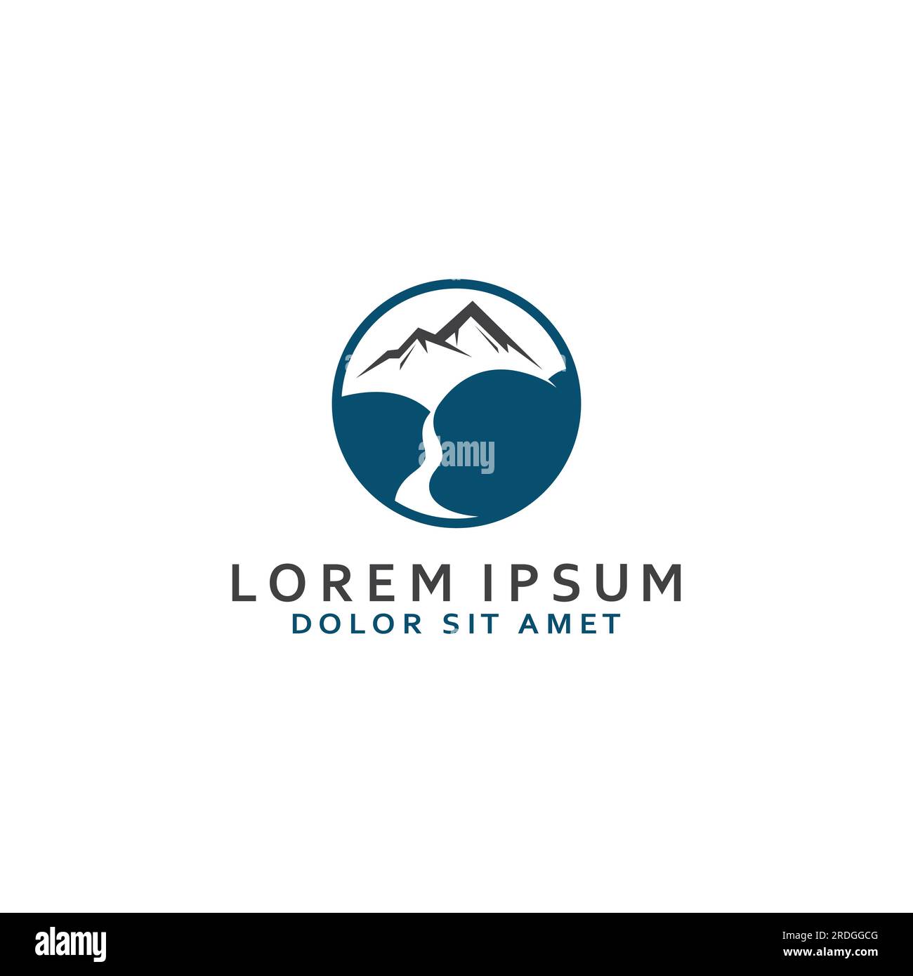 Loghi di fiumi, insenature, sponde e ruscelli. Logo River con combinazione di montagne e terreni agricoli con design a concetto vettoriale. Illustrazione Vettoriale