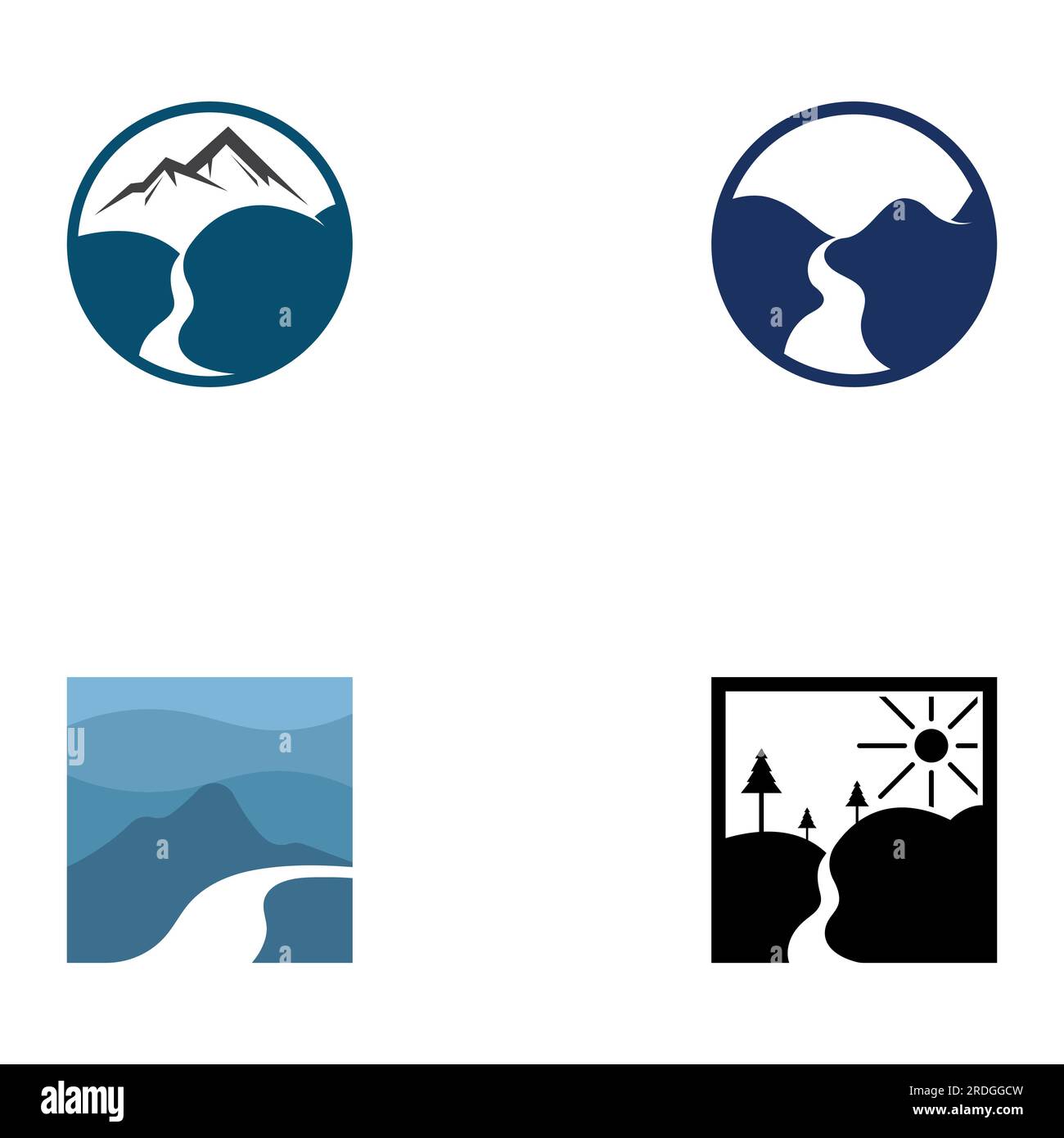 Loghi di fiumi, insenature, sponde e ruscelli. Logo River con combinazione di montagne e terreni agricoli con design a concetto vettoriale. Illustrazione Vettoriale