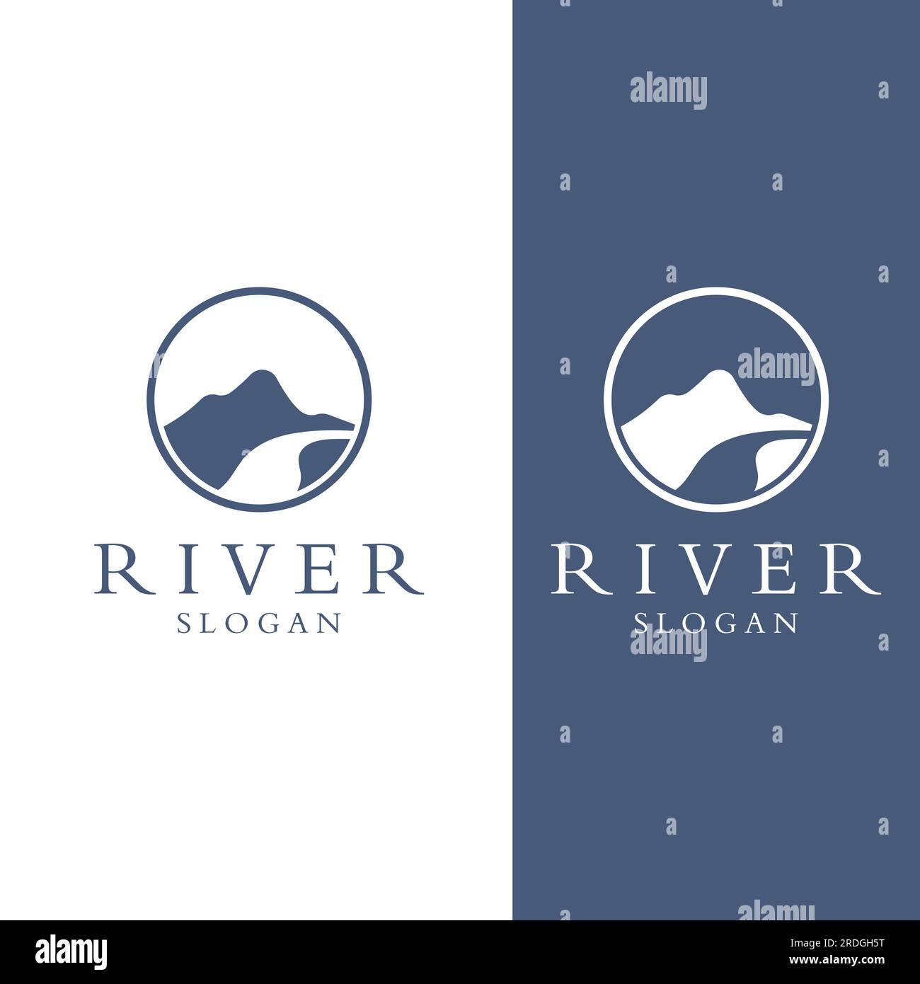 Loghi di fiumi, insenature, sponde e ruscelli. Logo River con combinazione di montagne e terreni agricoli con design a concetto vettoriale. Illustrazione Vettoriale