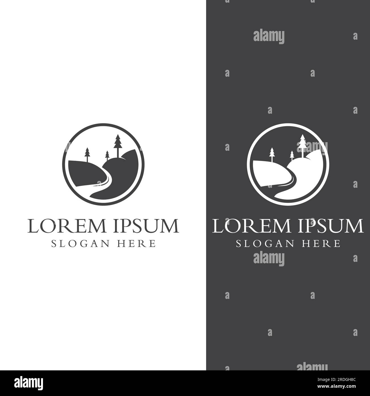 Loghi di fiumi, insenature, sponde e ruscelli. Logo River con combinazione di montagne e terreni agricoli con design a concetto vettoriale. Illustrazione Vettoriale