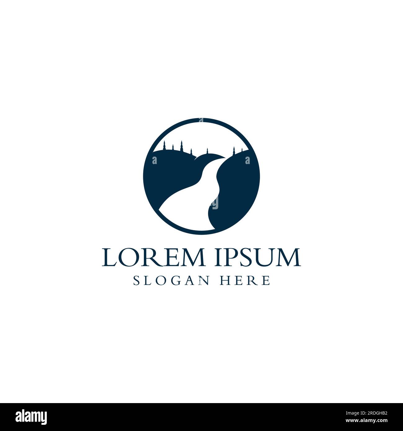 Loghi di fiumi, insenature, sponde e ruscelli. Logo River con combinazione di montagne e terreni agricoli con design a concetto vettoriale. Illustrazione Vettoriale