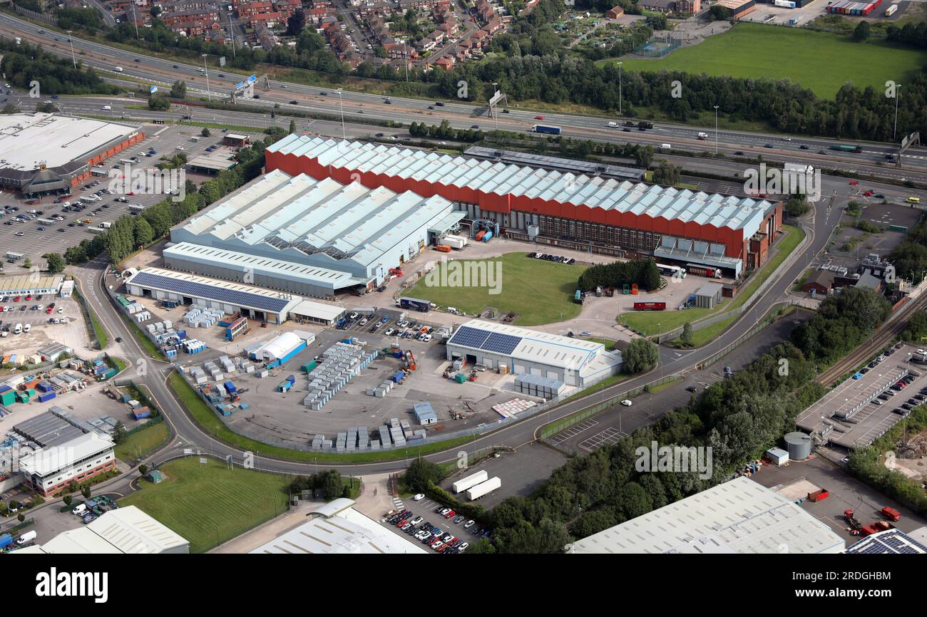 Veduta aerea delle stamperie Reach Printing Services (Oldham) Ltd di Chadderton, Oldham, Greater Manchester Foto Stock
