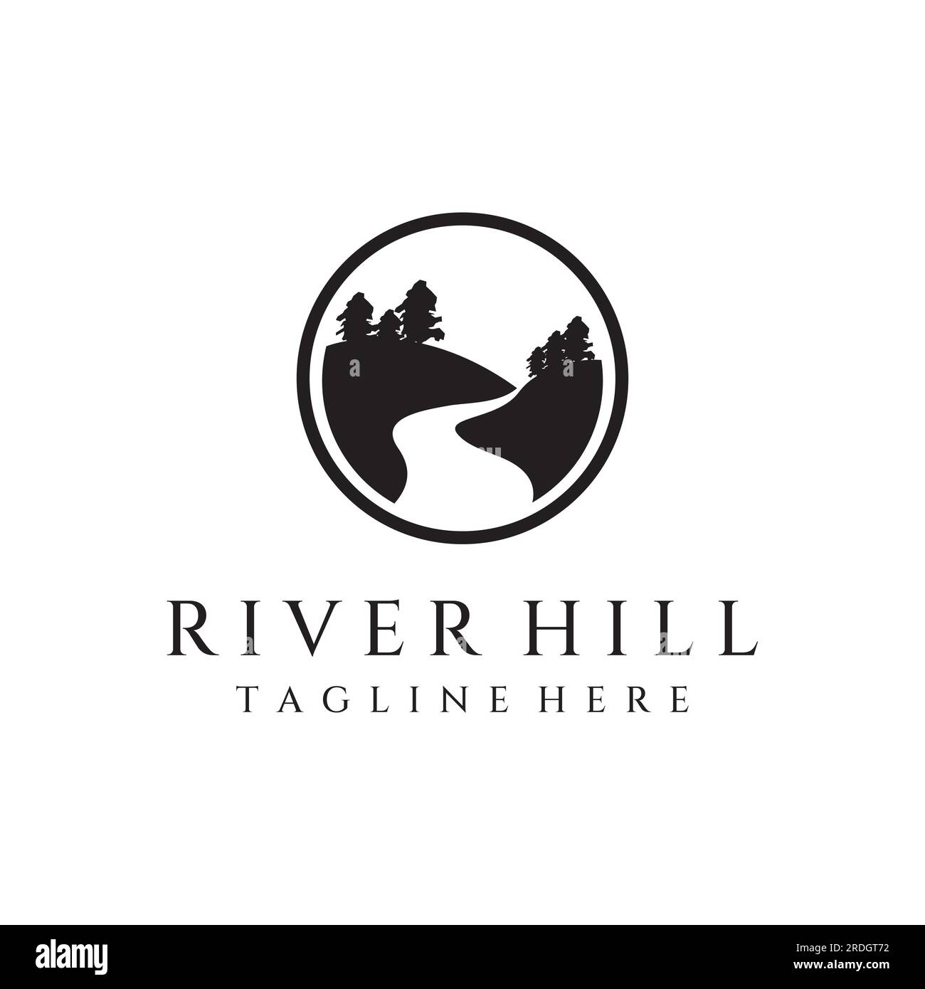 Loghi di fiumi, insenature, sponde e ruscelli. Logo River con combinazione di montagne e terreni agricoli con design a concetto vettoriale. Illustrazione Vettoriale