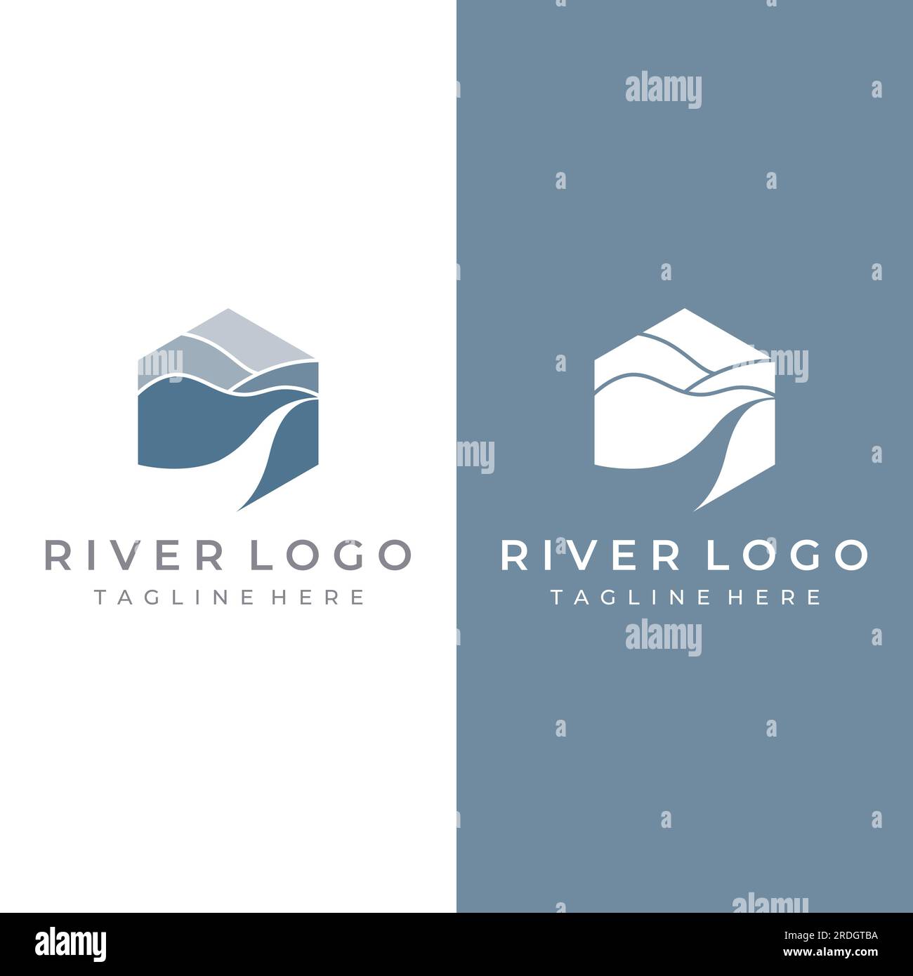 Loghi di fiumi, insenature, sponde e ruscelli. Logo River con combinazione di montagne e terreni agricoli con design a concetto vettoriale. Illustrazione Vettoriale