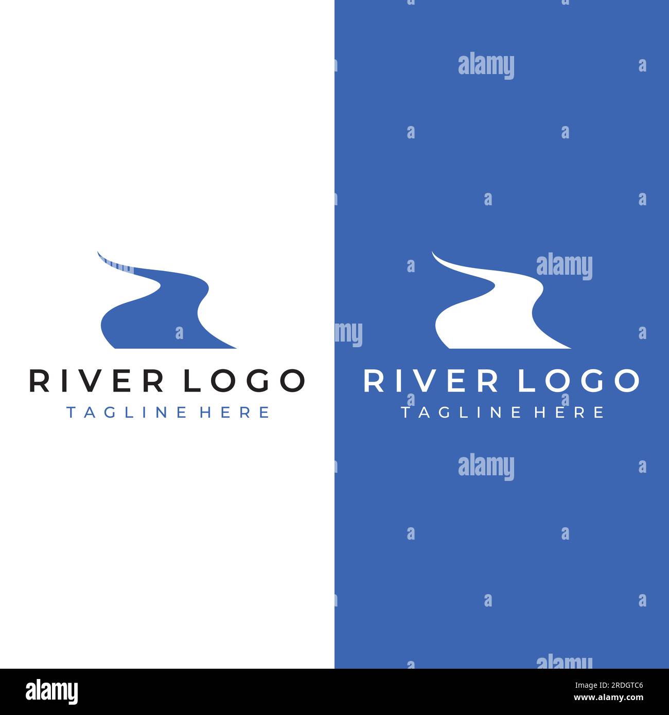 Loghi di fiumi, insenature, sponde e ruscelli. Logo River con combinazione di montagne e terreni agricoli con design a concetto vettoriale. Illustrazione Vettoriale