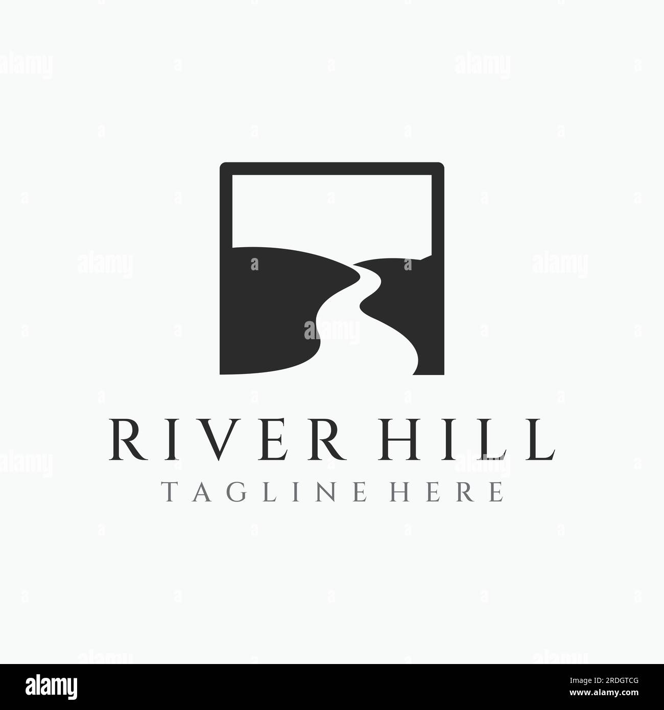 Loghi di fiumi, insenature, sponde e ruscelli. Logo River con combinazione di montagne e terreni agricoli con design a concetto vettoriale. Illustrazione Vettoriale