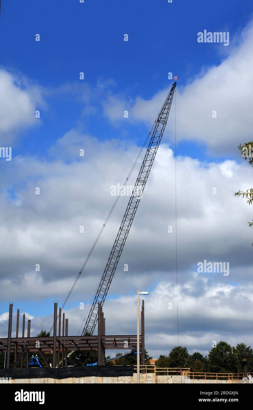 La nuova struttura utilizza un crain per il sollevamento di carichi pesanti. I lavoratori utilizzano macchinari. Sito Blue Sky Frame. Foto Stock