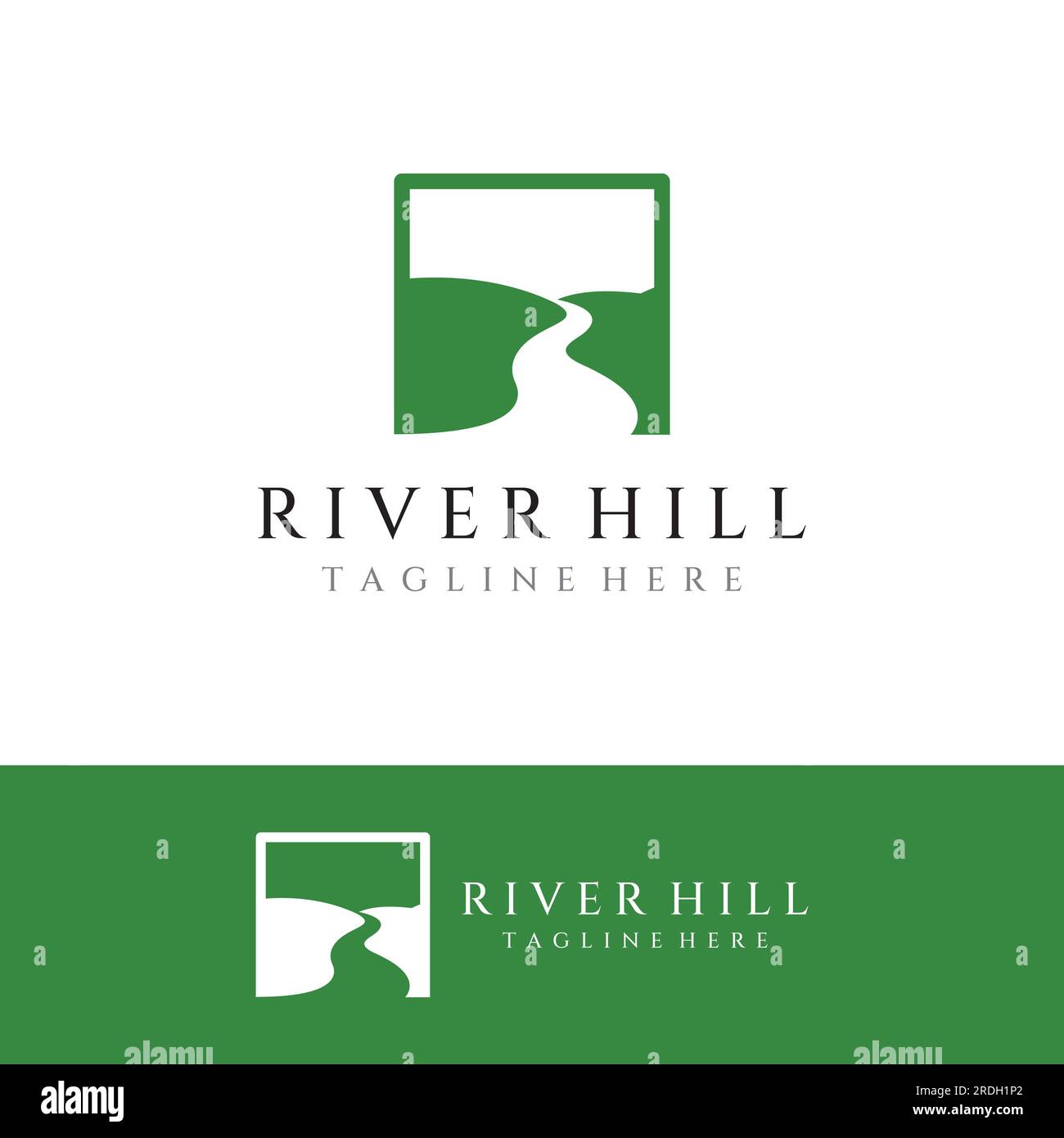 Loghi di fiumi, insenature, sponde e ruscelli. Logo River con combinazione di montagne e terreni agricoli con design a concetto vettoriale. Illustrazione Vettoriale