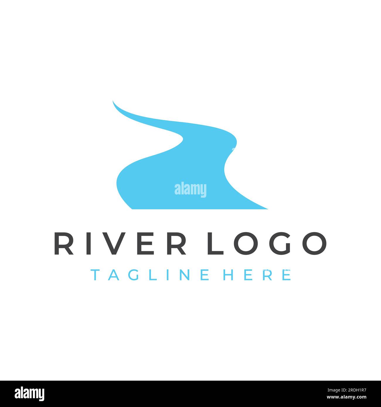 Loghi di fiumi, insenature, sponde e ruscelli. Logo River con combinazione di montagne e terreni agricoli con design a concetto vettoriale. Illustrazione Vettoriale