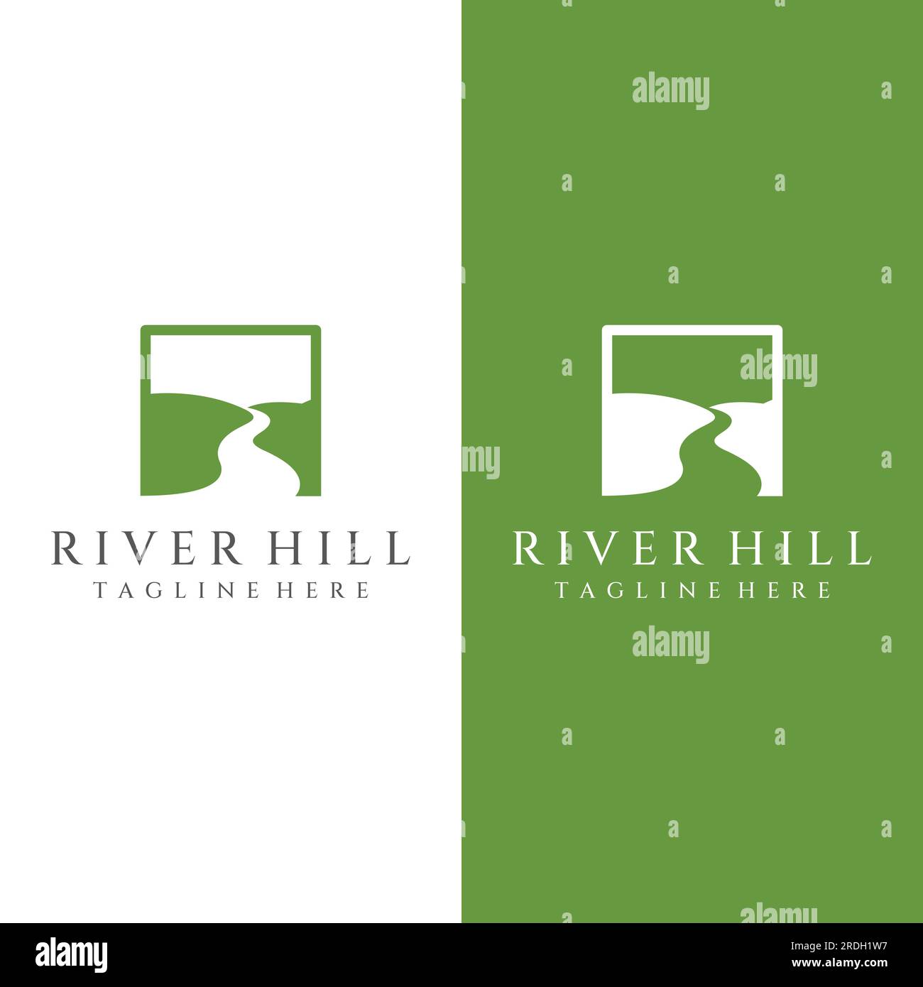 Loghi di fiumi, insenature, sponde e ruscelli. Logo River con combinazione di montagne e terreni agricoli con design a concetto vettoriale. Illustrazione Vettoriale