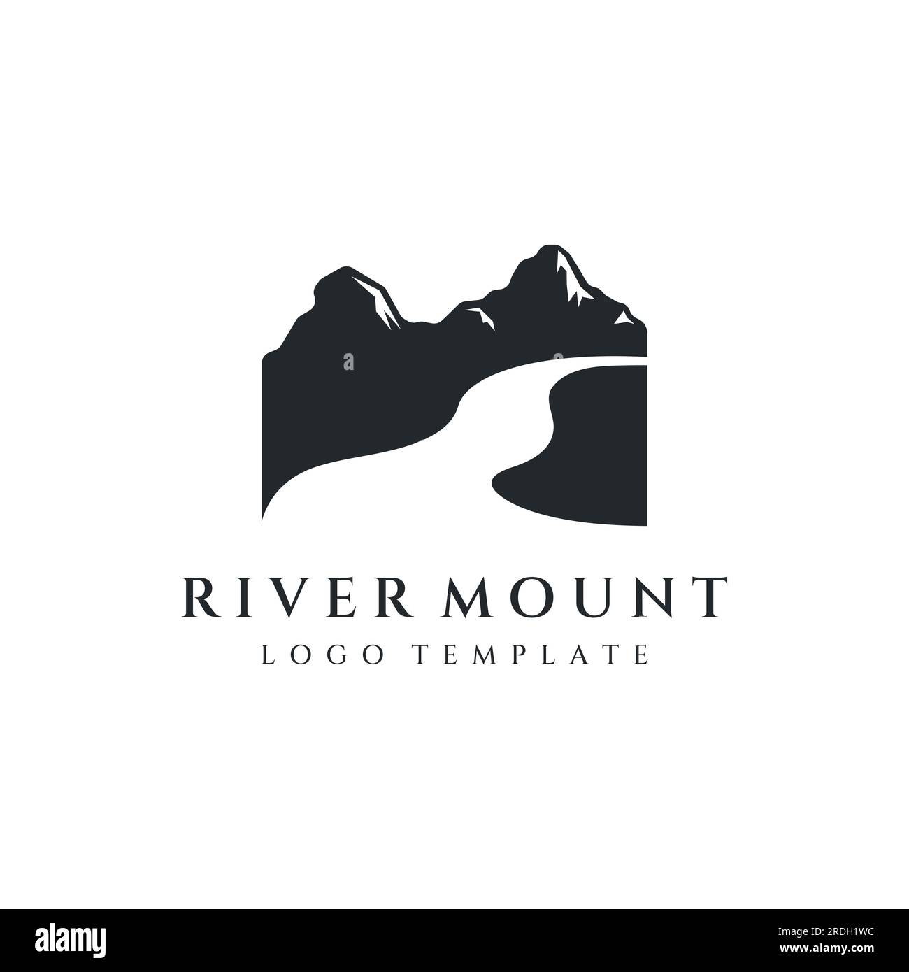 Loghi di fiumi, insenature, sponde e ruscelli. Logo River con combinazione di montagne e terreni agricoli con design a concetto vettoriale. Illustrazione Vettoriale