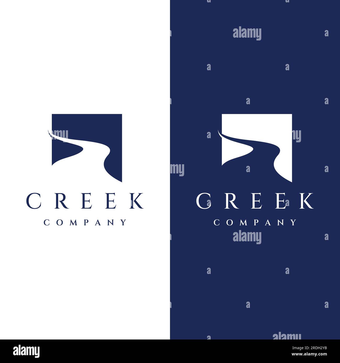 Loghi di fiumi, insenature, sponde e ruscelli. Logo River con combinazione di montagne e terreni agricoli con design a concetto vettoriale. Illustrazione Vettoriale