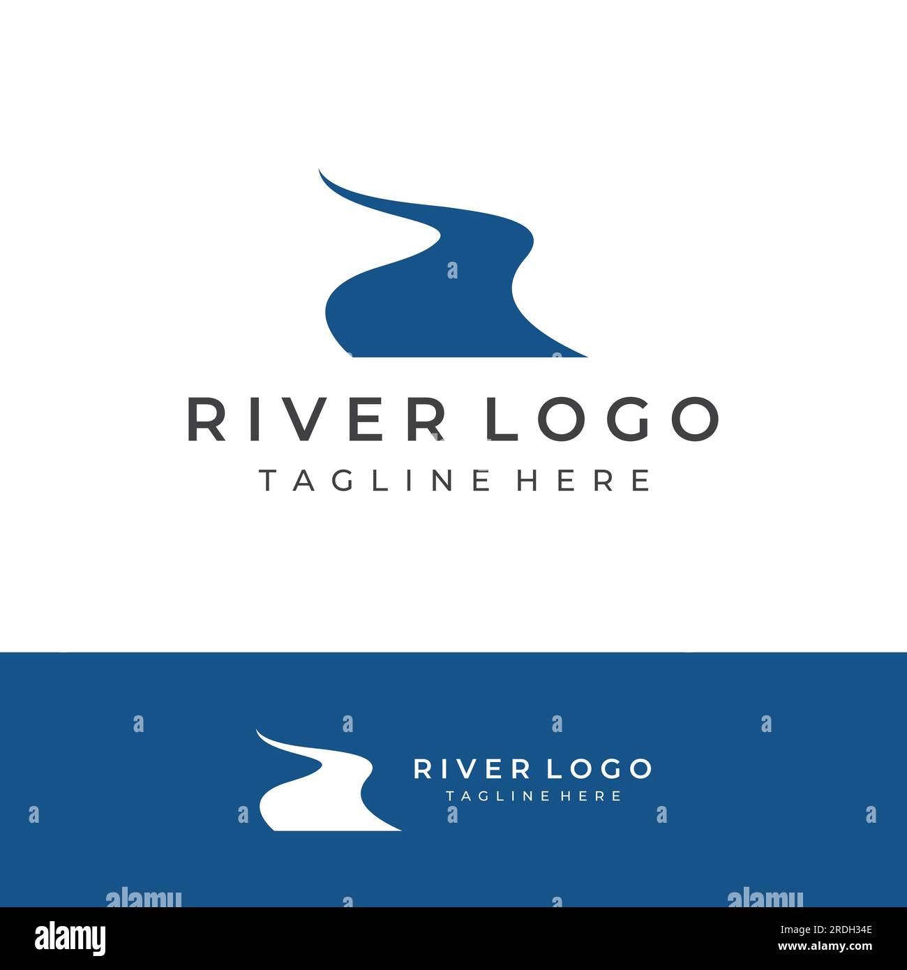 Loghi di fiumi, insenature, sponde e ruscelli. Logo River con combinazione di montagne e terreni agricoli con design a concetto vettoriale. Illustrazione Vettoriale