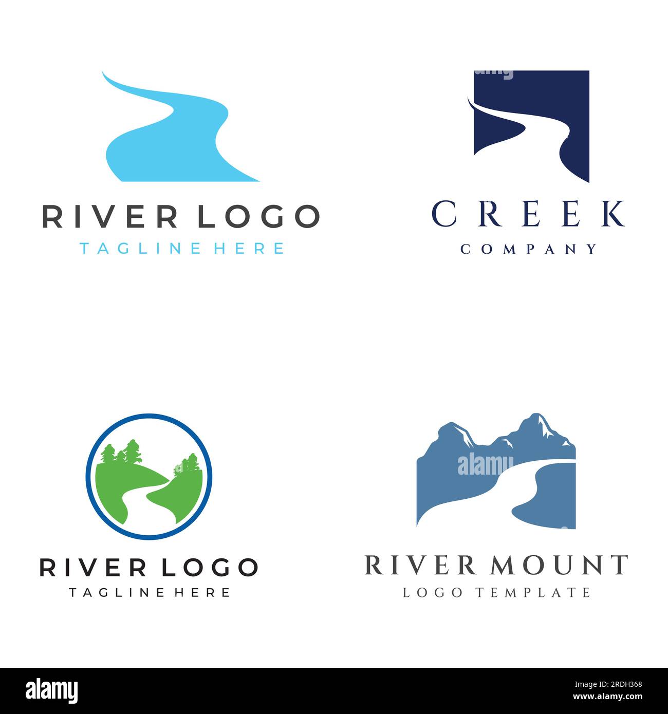 Loghi di fiumi, insenature, sponde e ruscelli. Logo River con combinazione di montagne e terreni agricoli con design a concetto vettoriale. Illustrazione Vettoriale