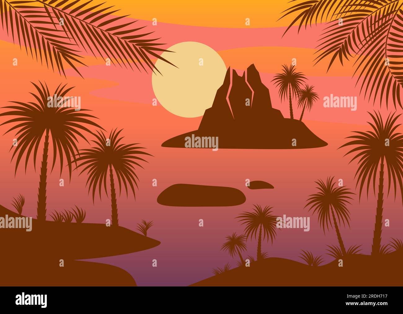 Paesaggio in stile silhouette con palme da spiaggia tropicali e isola vulcanica Illustrazione Vettoriale