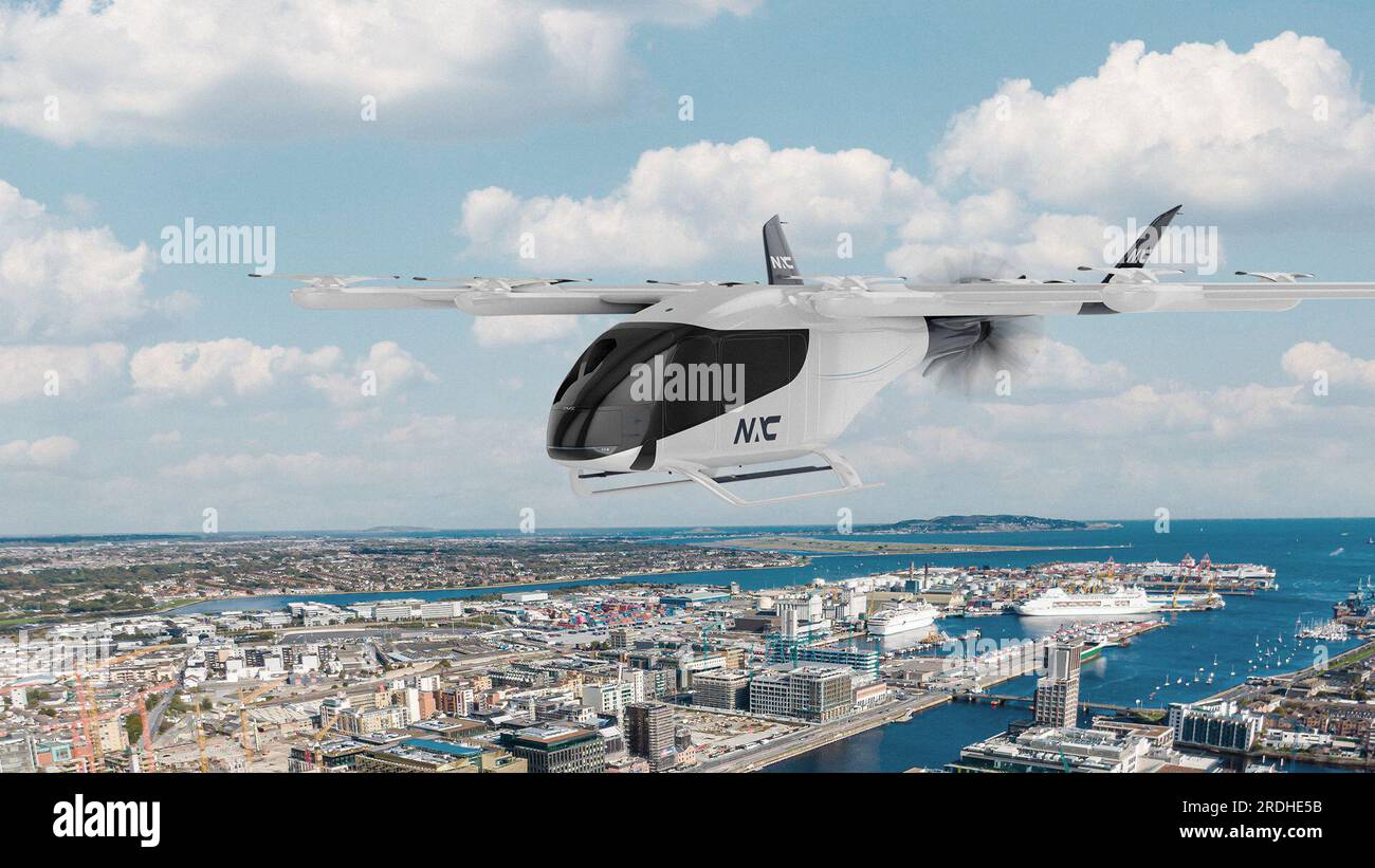 21 luglio 2023, San Paolo, Brasile: Illustrazione artista del modello Wideroe ZERO eVTOL. Il costruttore di aerei brasiliano Embraer dice che sarà costruita una nuova fabbrica vicino a San Paolo per produrre taxi volanti elettrici che spera porterà in cielo dal 2026. Il velivolo, che sarà realizzato dalla sua controllata Eve, assomiglierà a un piccolo elicottero con spazio sufficiente per un massimo di sei clienti. Si prevede che un viaggio costerà $ 50-$ 100 a persona. Eve dice che ha già ordini per quasi 3.000 taxi aerei che spera di assemblare un prototipo quest'anno. I regolatori STATUNITENSI hanno recentemente pubblicato una tempistica per i taxi aerei che voleranno Foto Stock