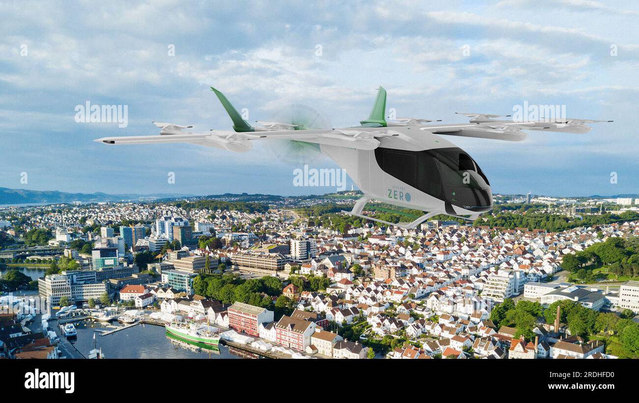 20 luglio 2023, San Paolo, Brasile: Illustrazione artista del modello Wideroe ZERO eVTOL. Il costruttore di aerei brasiliano Embraer dice che sarà costruita una nuova fabbrica vicino a San Paolo per produrre taxi volanti elettrici che spera porterà in cielo dal 2026. Il velivolo, che sarà realizzato dalla sua controllata Eve, assomiglierà a un piccolo elicottero con spazio sufficiente per un massimo di sei clienti. Si prevede che un viaggio costerà $ 50-$ 100 a persona. Eve dice che ha già ordini per quasi 3.000 taxi aerei che spera di assemblare un prototipo quest'anno. I regolatori STATUNITENSI hanno recentemente pubblicato una tempistica per i taxi aerei che voleranno Foto Stock