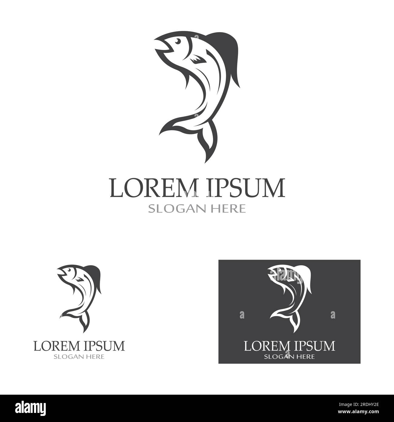 Logo pesce, fishinghook, olio di pesce e icona del ristorante di pesce. Con concetto di icona vettoriale Illustrazione Vettoriale
