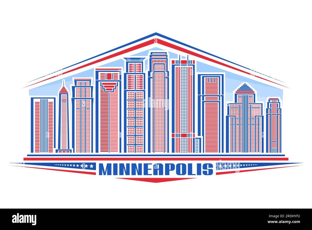 Illustrazione vettoriale di Minneapolis, distintivo orizzontale con design lineare famoso paesaggio cittadino di minneapolis sullo sfondo del cielo del giorno, concetto di urban line art wi Illustrazione Vettoriale