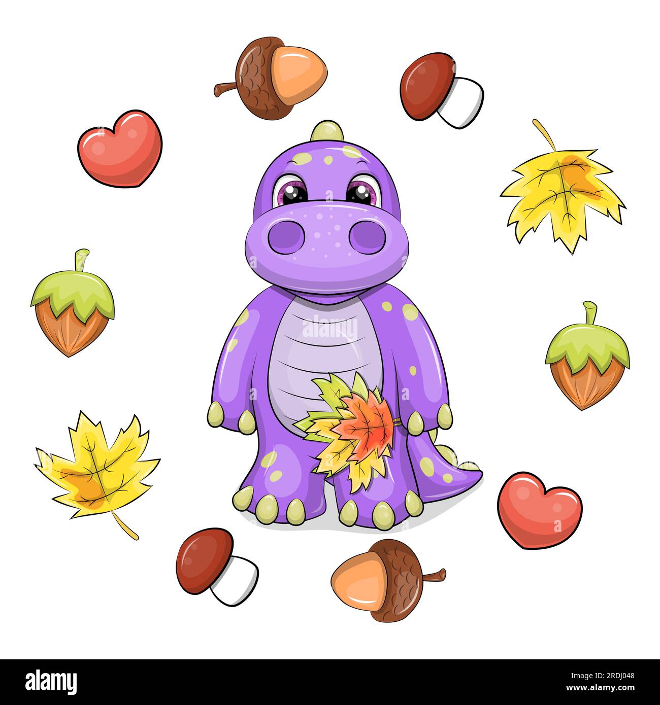 Adorabile dinosauro viola con foglie cadute in una cornice autunnale. Illustrazione vettoriale di un animale con funghi, foglie, noci, cuori e ghiande Illustrazione Vettoriale