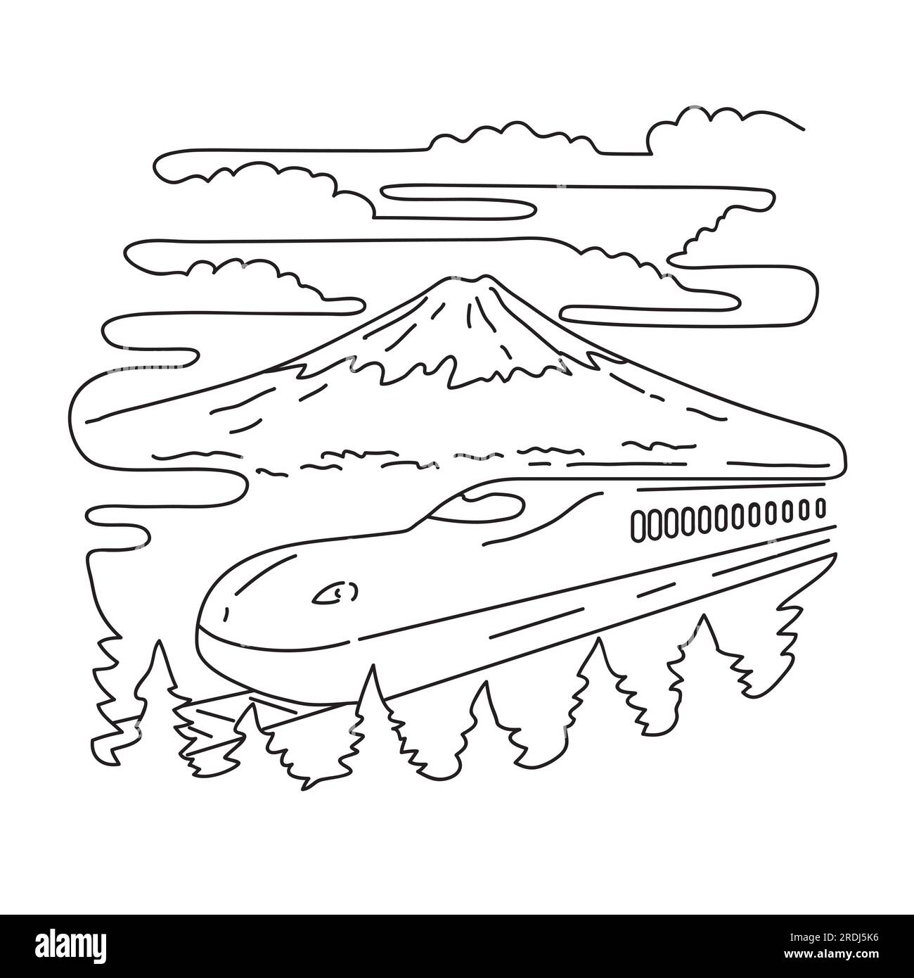 Illustrazione mono line del Monte Fuji e del treno proiettile Shinkansen sull'isola di Honshu all'interno del Parco Nazionale Fuji-Hakone-Izu in Giappone fatto in monolina Foto Stock