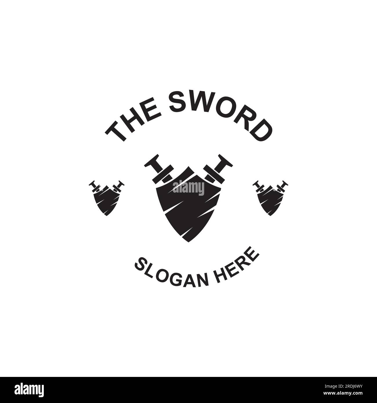 Spada, scudo e logo della spada del re. Design vettoriale del logo. Illustrazione Vettoriale