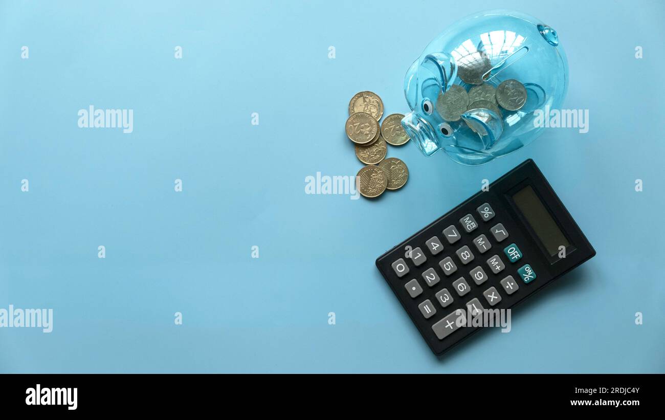 Concetto di business, finanza, investimento, risparmio e finanziamento. Vista dall'alto del salvadanaio trasparente, monete e calcolatrice. Foto Stock