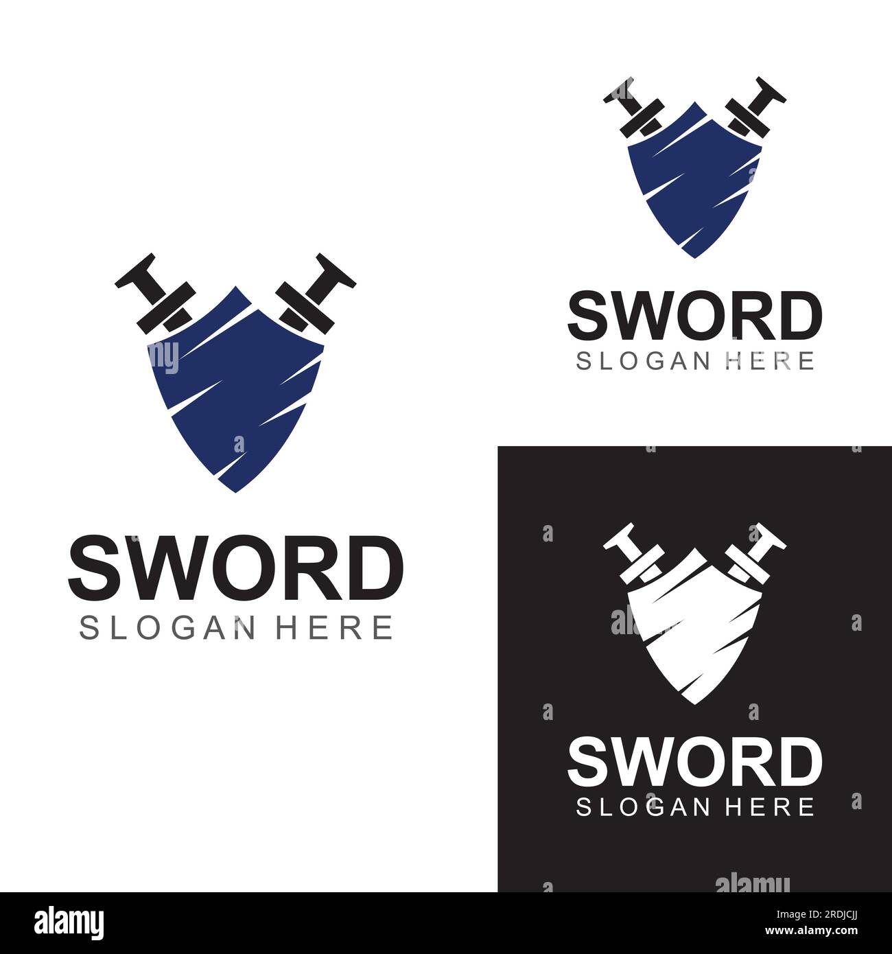 Spada, scudo e logo della spada del re. Design vettoriale del logo. Illustrazione Vettoriale