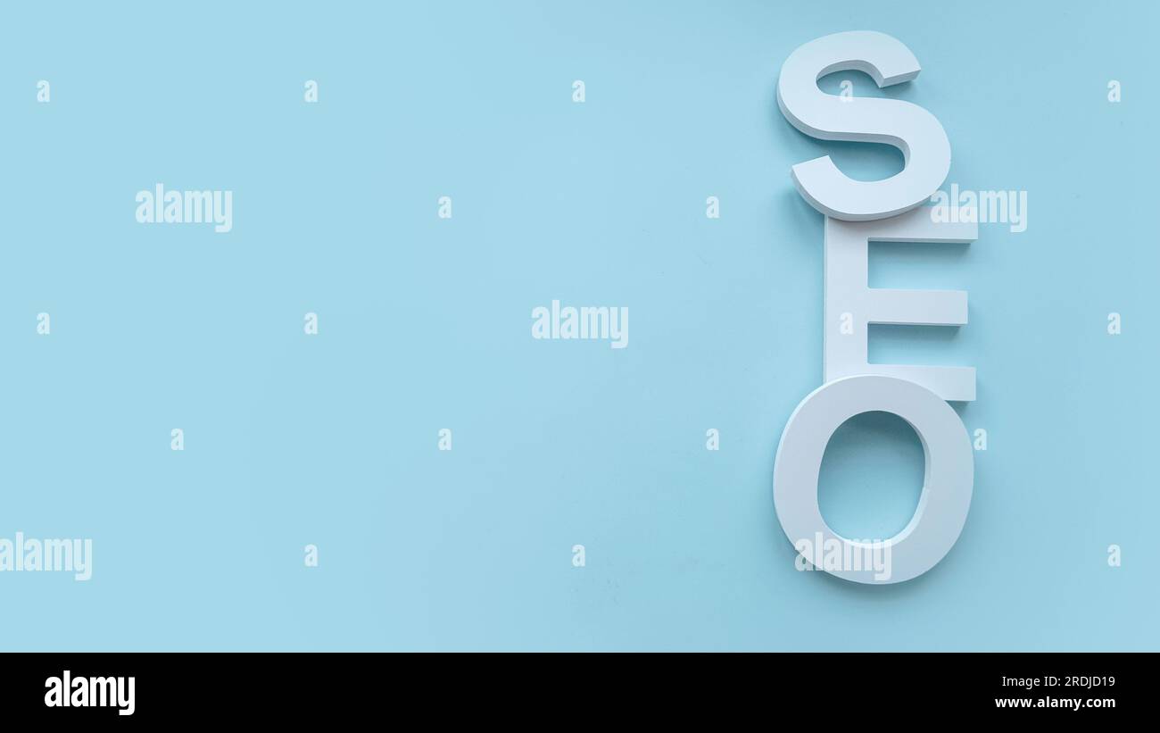 Alfabeto SEO. Ottimizzazione dei motori di ricerca.concetto di marketing, classifica, traffico di Internet business Technology del sito web. Striscione con spazio per la copia. Foto Stock