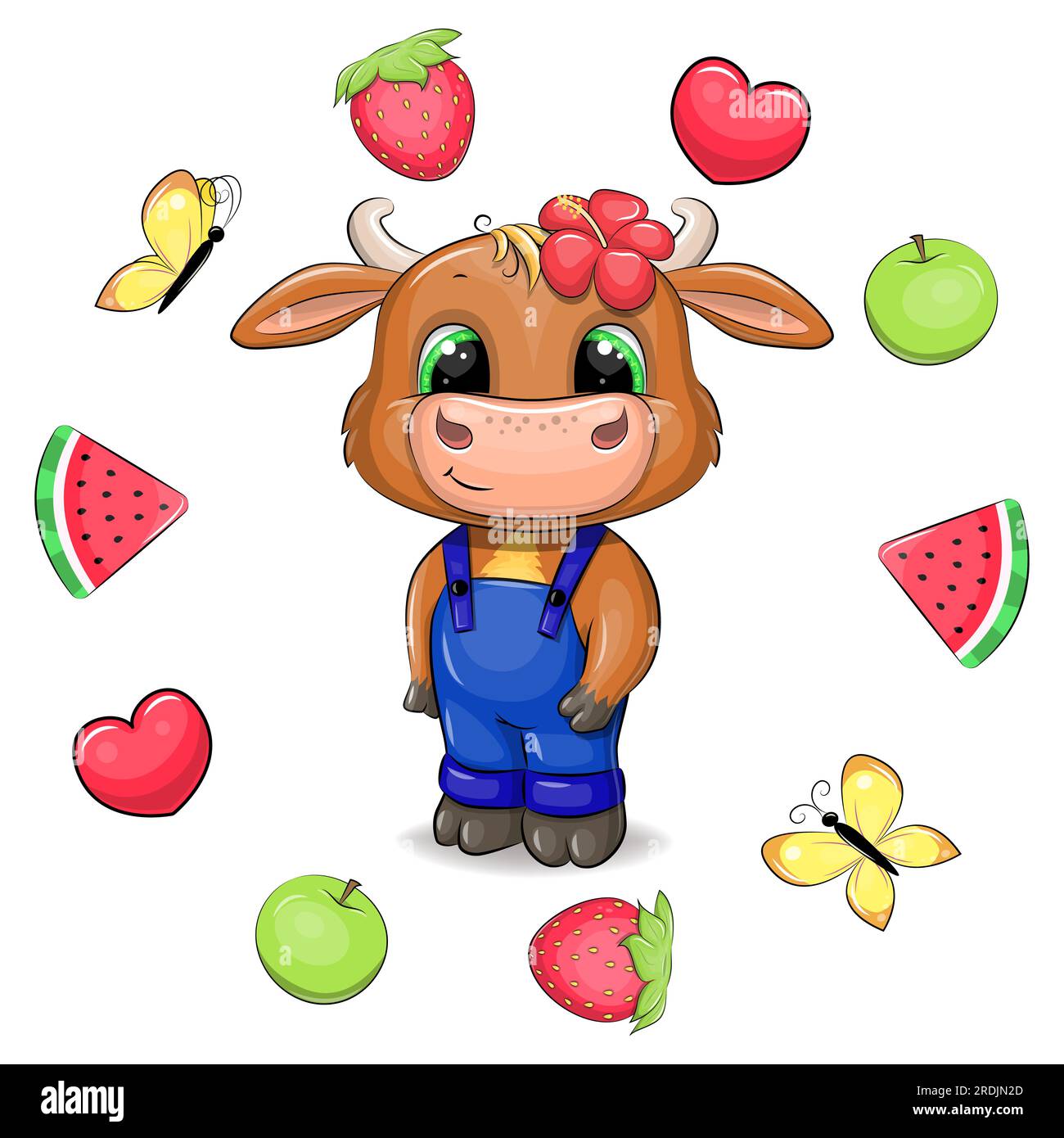 Carino toro cartoni animati con una tuta blu in una cornice di frutta. Illustrazione vettoriale estiva di un animale con anguria, cuore rosso, fragola, mela verde Illustrazione Vettoriale