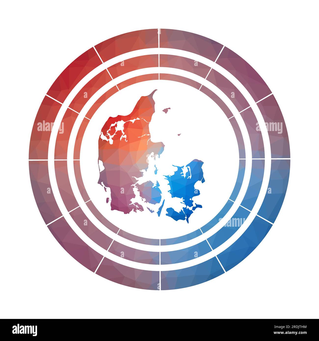 Distintivo Danimarca. Logo country con sfumatura brillante in stile polietilene basso. Simbolo arrotondato Danimarca multicolore con mappa in stile geometrico per la tua infografica. Illustrazione Vettoriale
