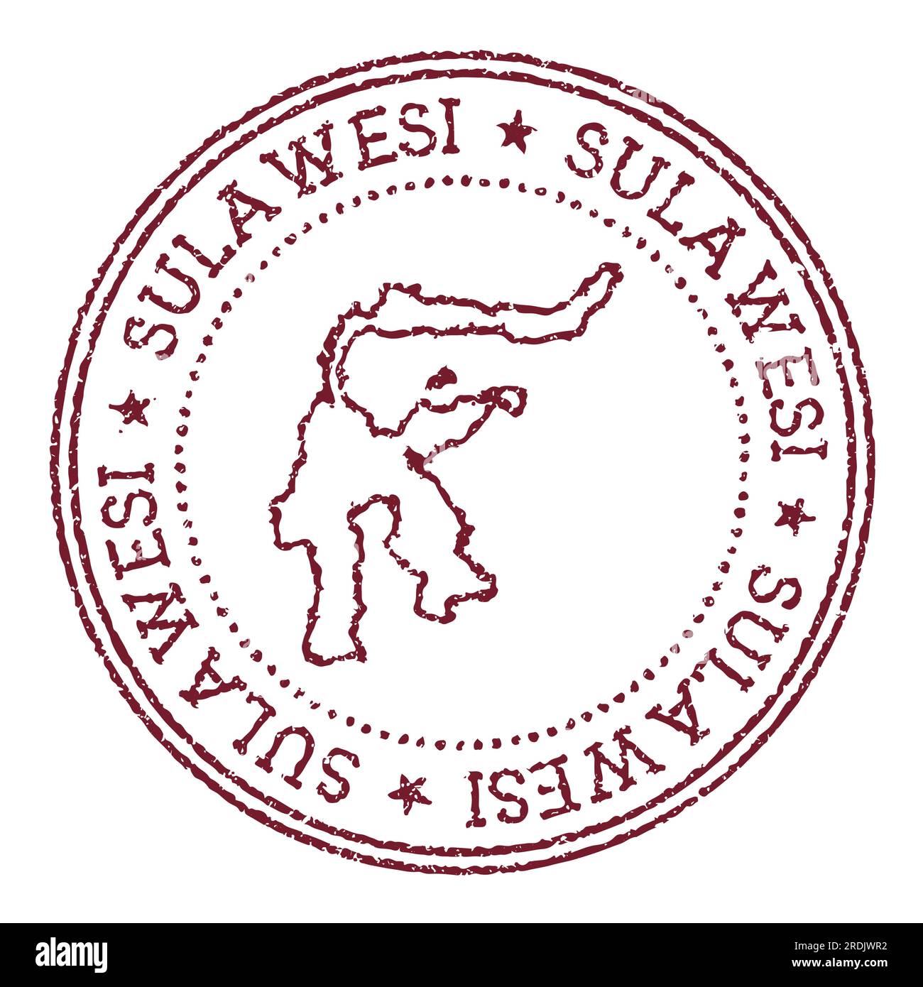 Sulawesi rotondo timbro di gomma con mappa dell'isola. Timbro passaporto rosso vintage con testo circolare e stelle, illustrazione vettoriale. Illustrazione Vettoriale