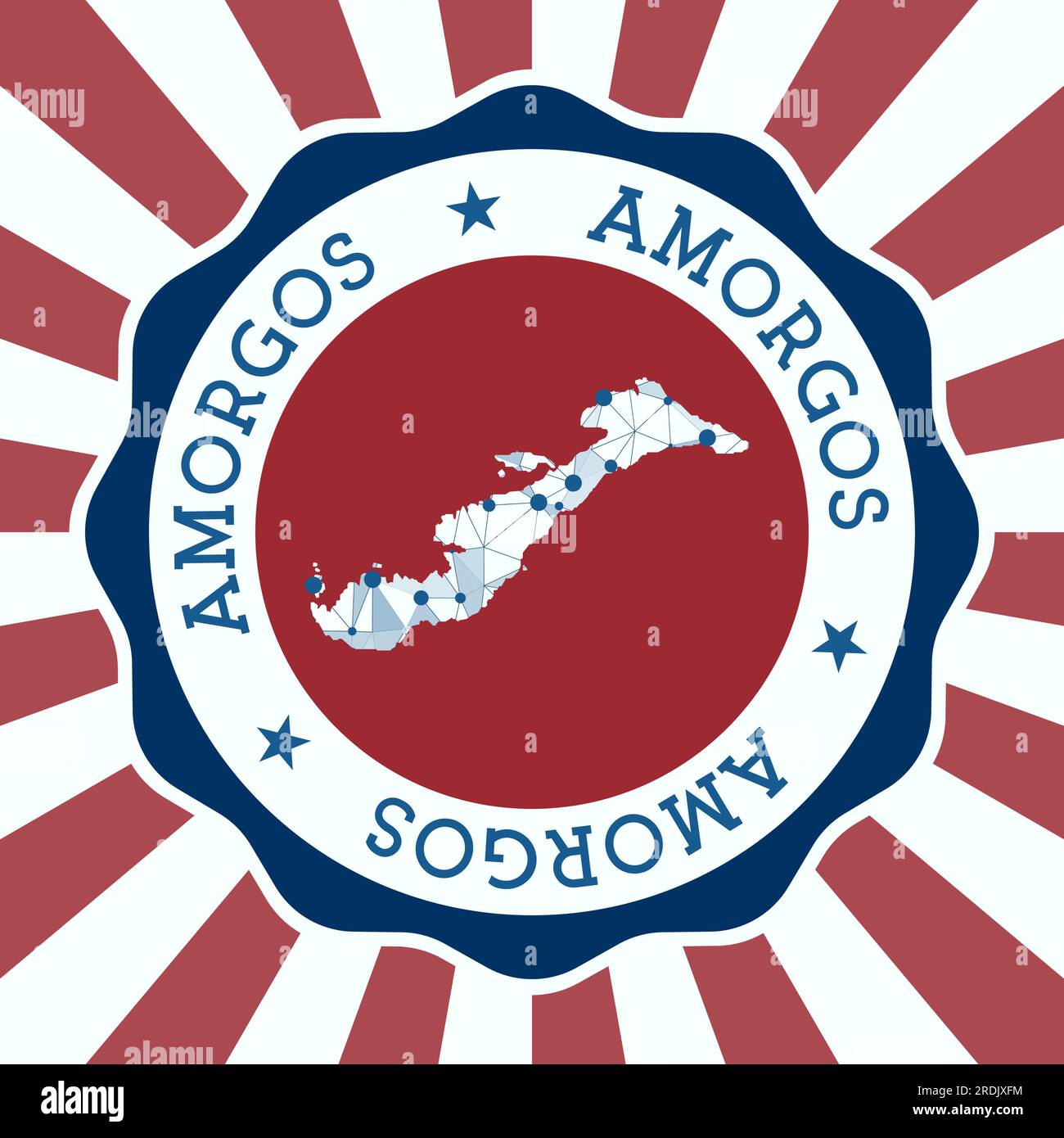 Amorgos Badge. Logo rotondo dell'isola con mappa triangolare e raggi radiali. Vettore EPS10. Illustrazione Vettoriale