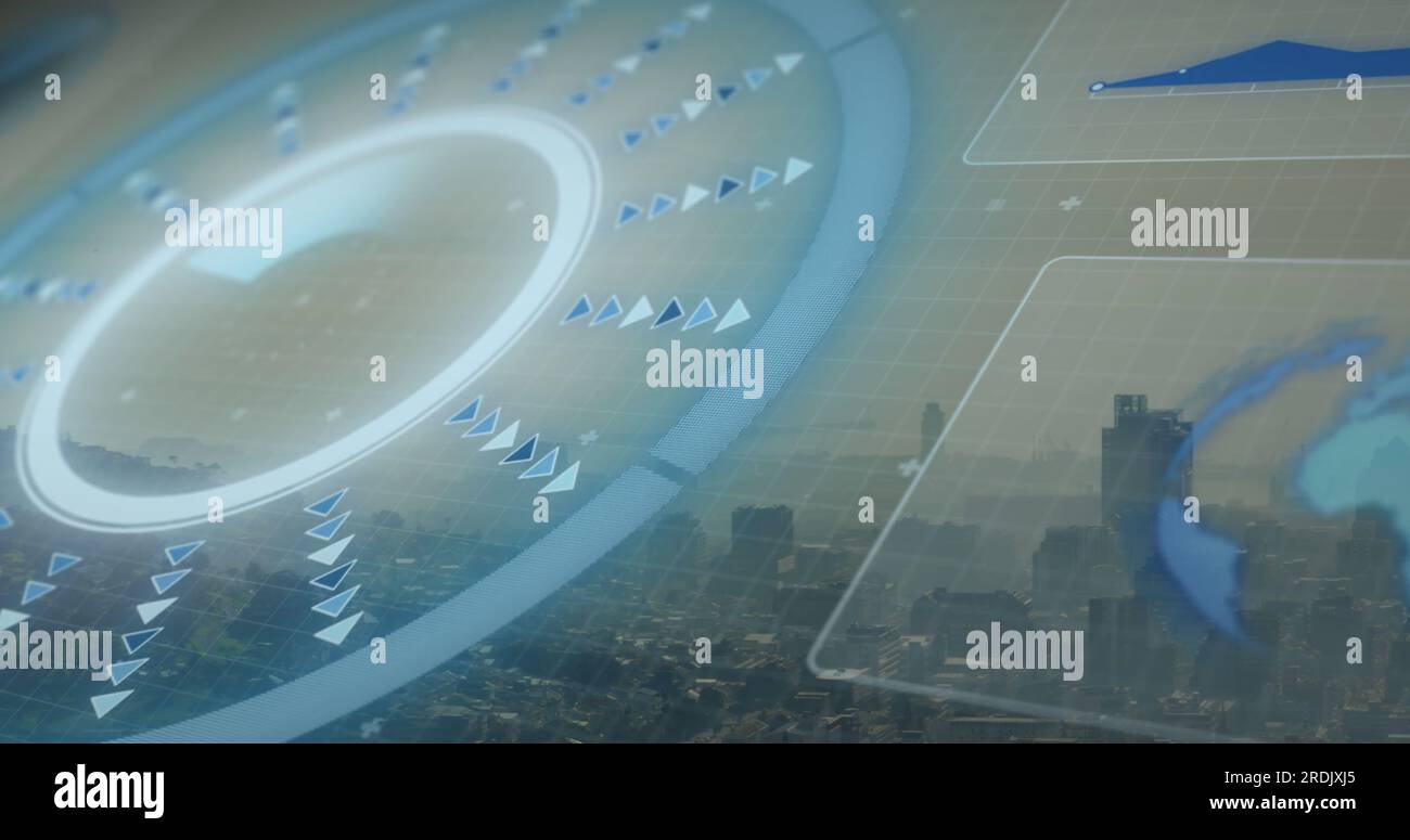 Immagine dell'interfaccia con scanner rotondo ed elaborazione dei dati rispetto alla vista aerea del paesaggio urbano Foto Stock