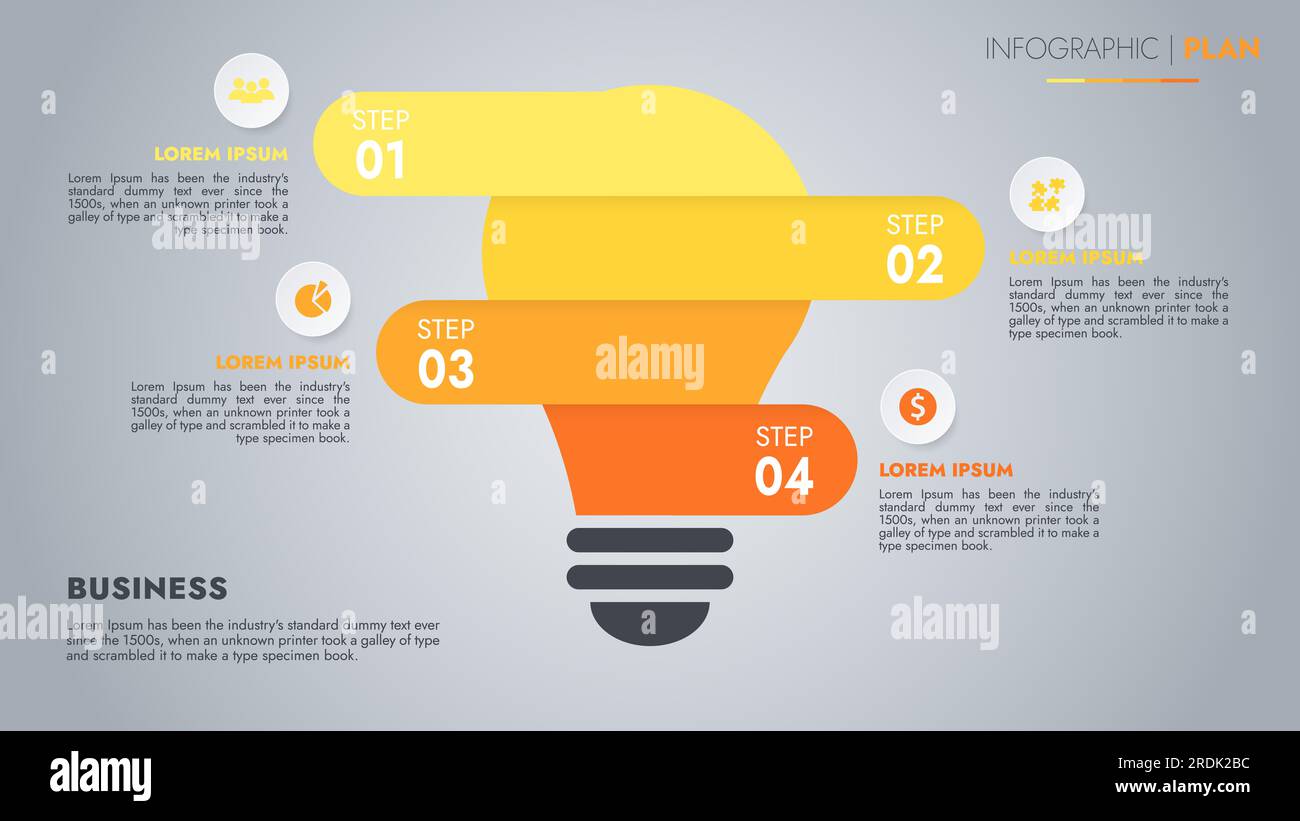 Il modello infografico per la visualizzazione dei dati delle presentazioni e delle funzioni include un diagramma di processo con diagrammi, passaggi e opzioni. Foto Stock