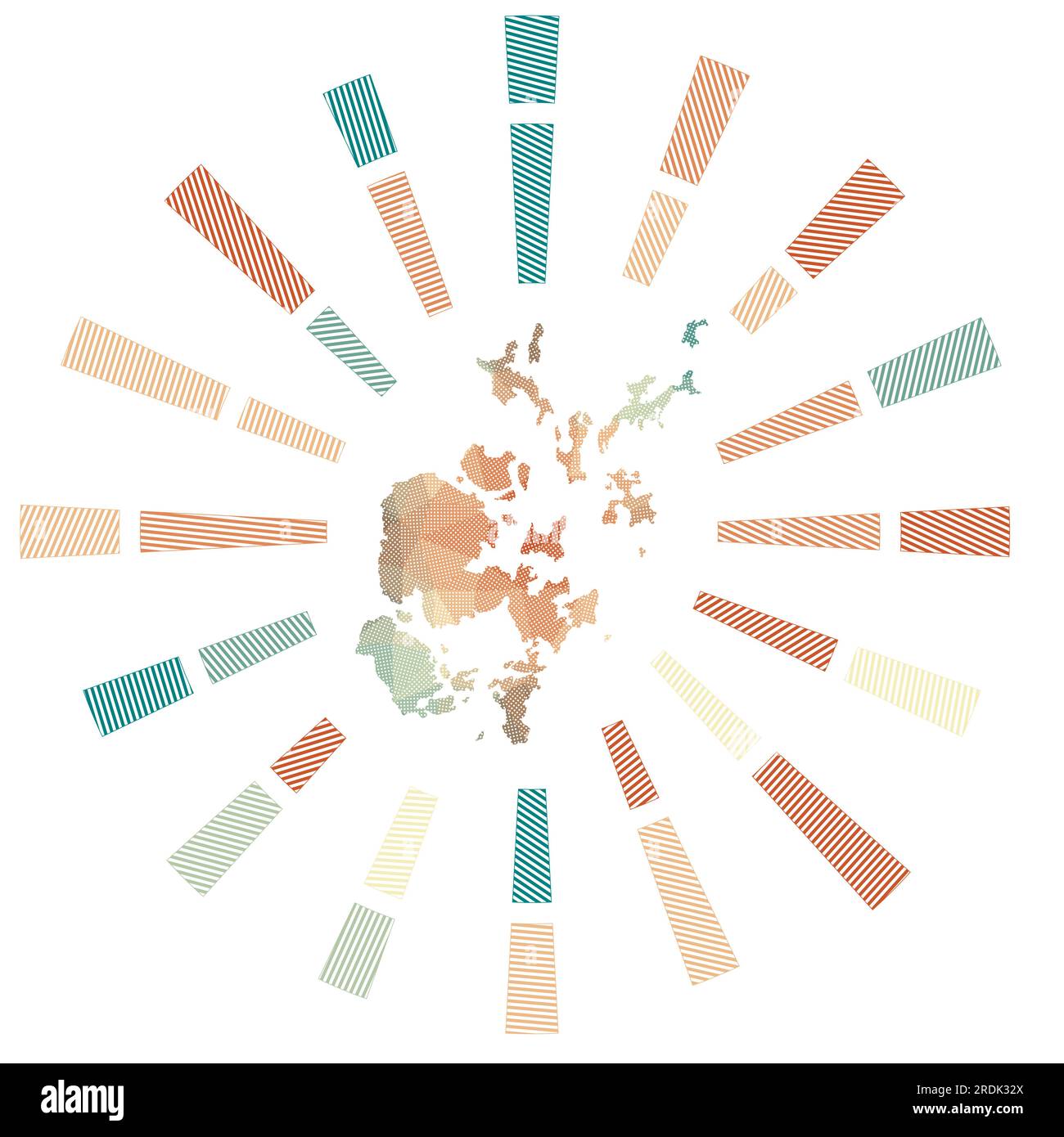 Scoppio del sole delle isole Orcadi. Basse razze a strisce poly e mappa dell'isola. Sorprendente illustrazione vettoriale. Illustrazione Vettoriale