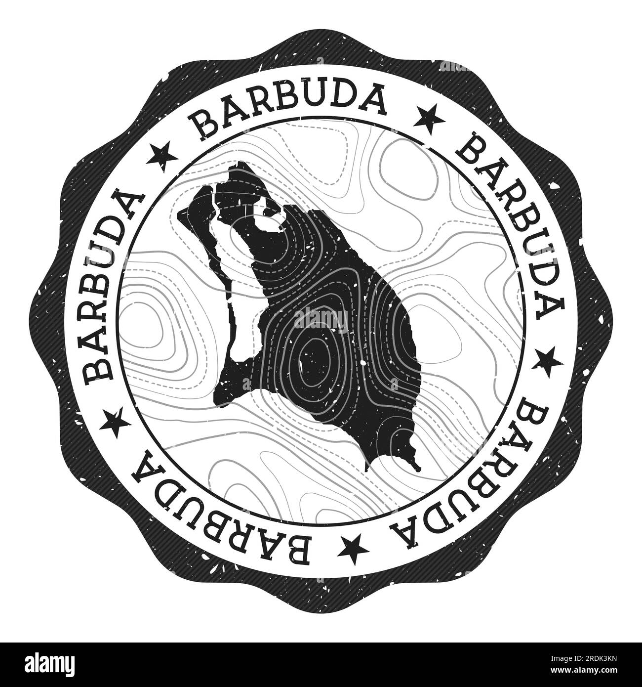 Francobollo da esterno di Barbuda. Adesivo rotondo con mappa dell'isola con isoline topografiche. Illustrazione vettoriale. Illustrazione Vettoriale