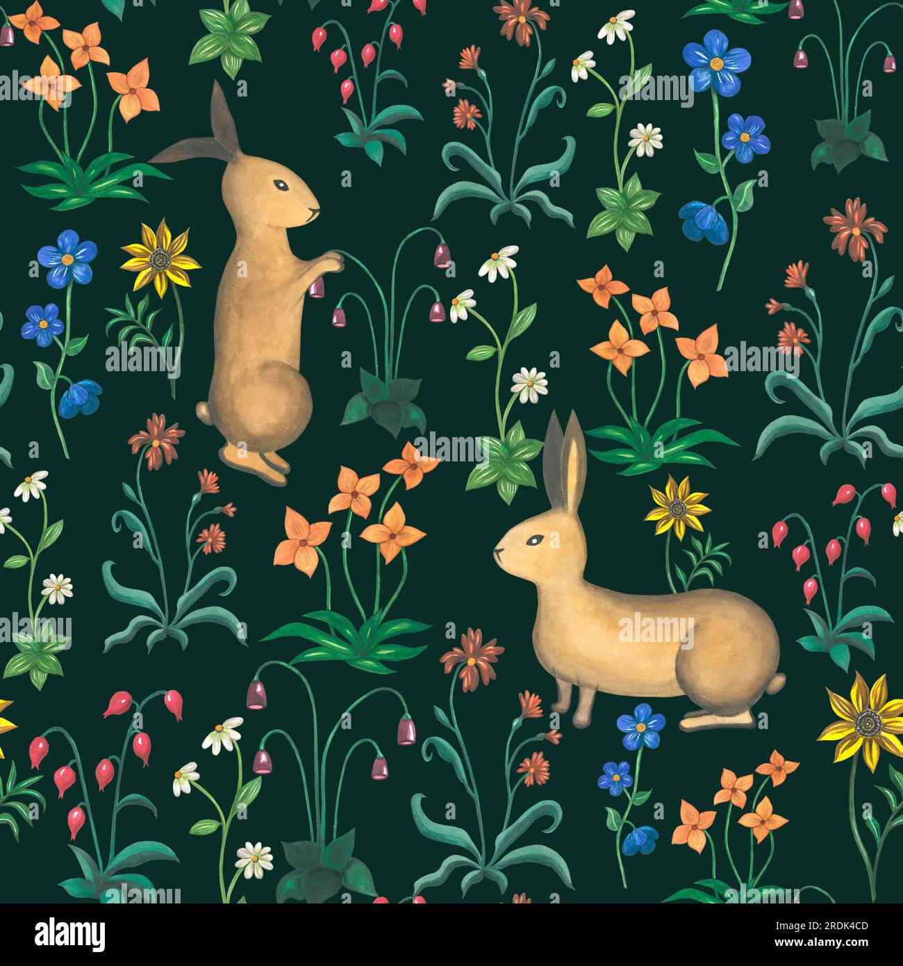 Illustrazioni di acquerelli conigli, fiori e piante in stile medievale. Motivo senza cuciture disegnato a mano su sfondo bianco.per il design Foto Stock